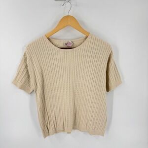 Vintage Crystal Kobe Cable Knit Sweater Top Cream Large Short Sleeve Old Money